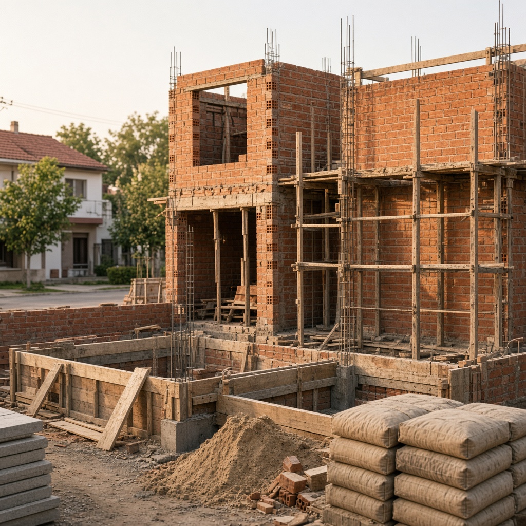 Obra en construcción con materiales y estructura